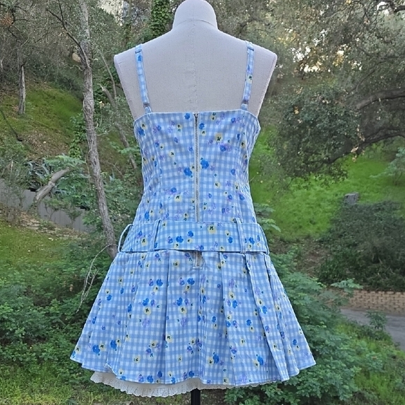 NEW $269 FOR LOVE AND LEMONS BRIGITTA FLORAL GINGHAM DENIM MINI DRESS W/ROSE S - Picture 7 of 13